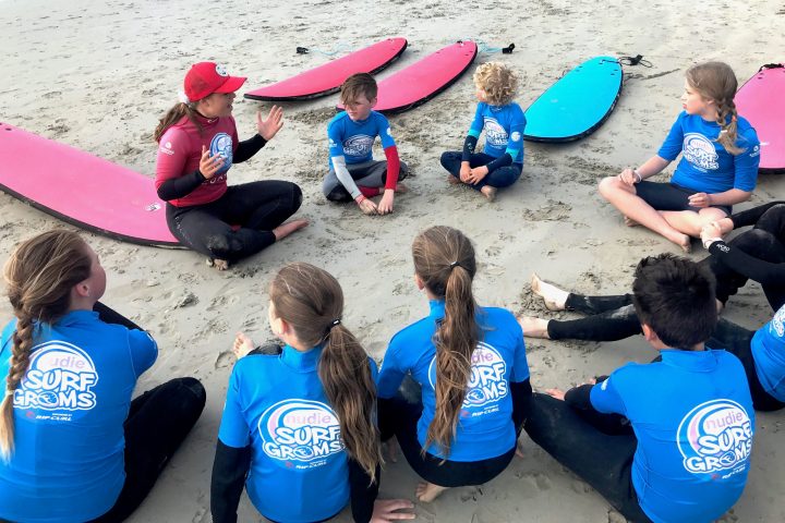 a group of people sitting at a beach