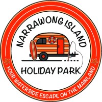 Logo with a camper, surfboard, and text: Narrawong Island Holiday Park, your waterside escape on the mainland.