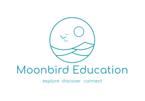 Logo with sun, birds, waves; text: Moonbird Education, explore discover connect.